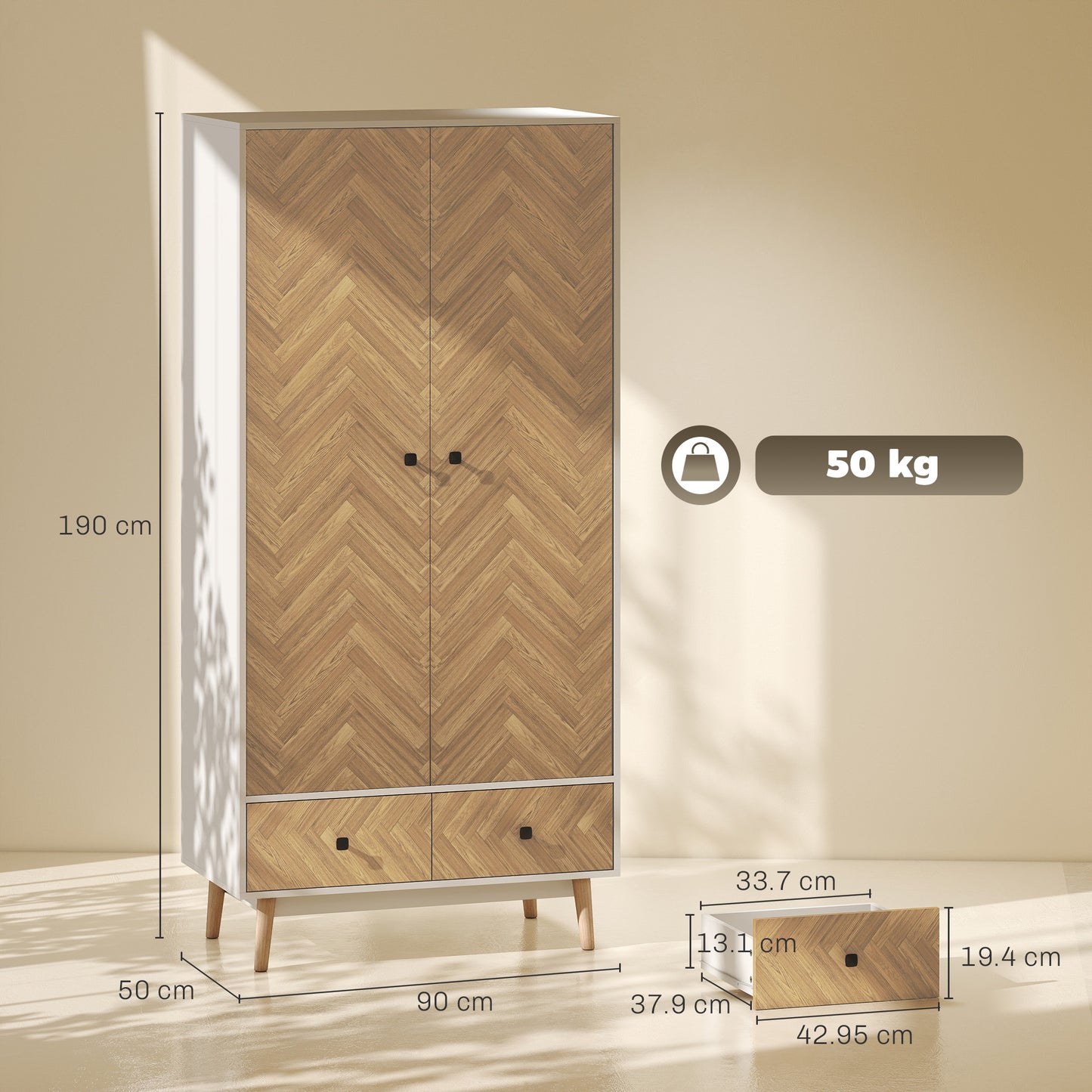 Cabinet Wood-Effect Sticker Surface, Modern Wardrobe with 2 Hanging Rods, 2 Storage Shelves and 2 Drawers, White