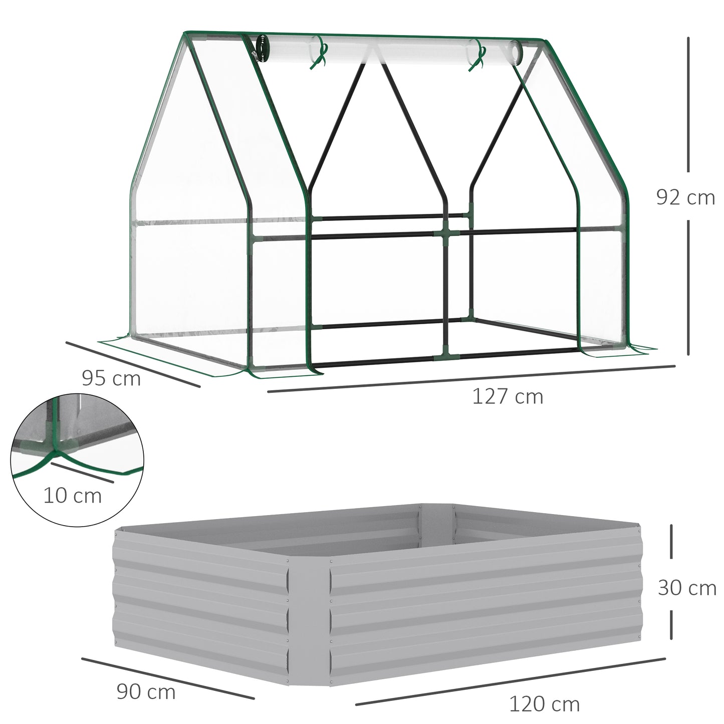 Raised Garden Bed with Greenhouse, Steel Planter Box with Plastic Cover, Roll Up Window, Dual Use for Flowers, Vegetables