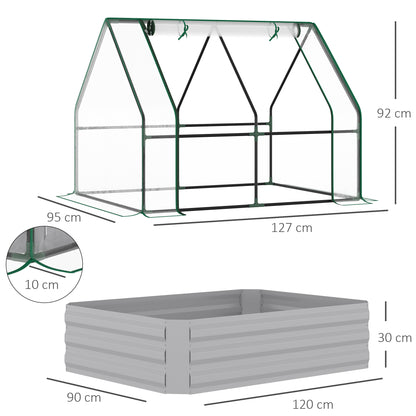 Raised Garden Bed with Greenhouse, Steel Planter Box with Plastic Cover, Roll Up Window, Dual Use for Flowers, Vegetables