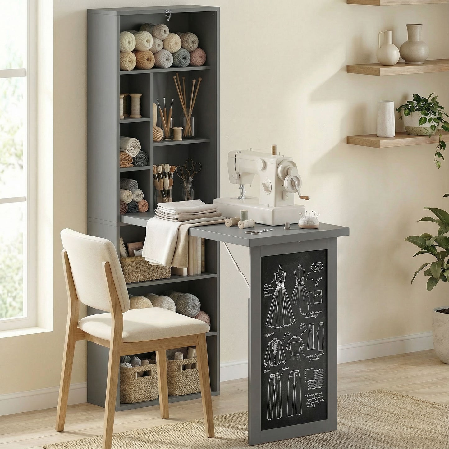 Folding Convertible Desk with Blackboard Multi-function Computer Office Workstation Side Shelf, Grey