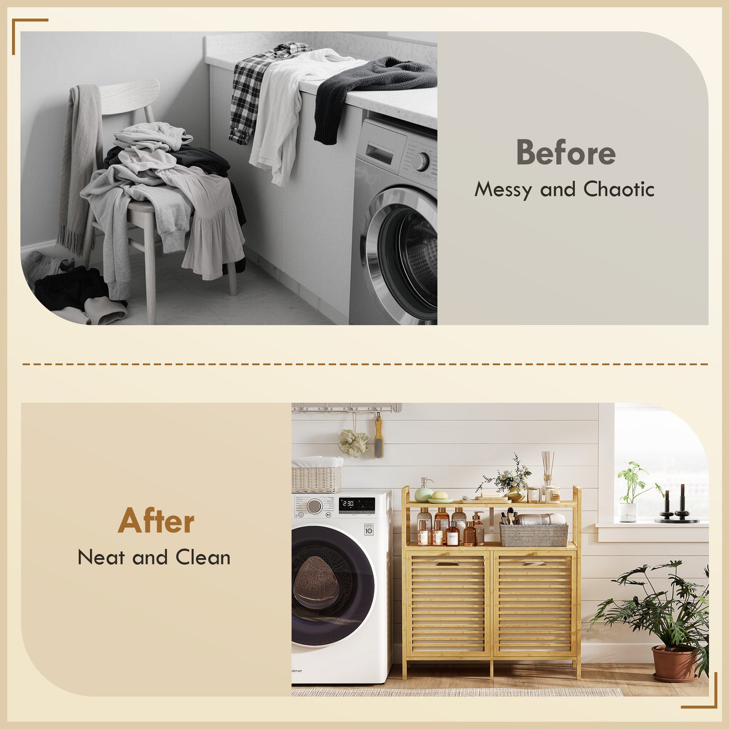 Double Tilt Out Bamboo Laundry Cabinet, Freestanding Bathroom Cabinet with 2 Removable Baskets, Natural