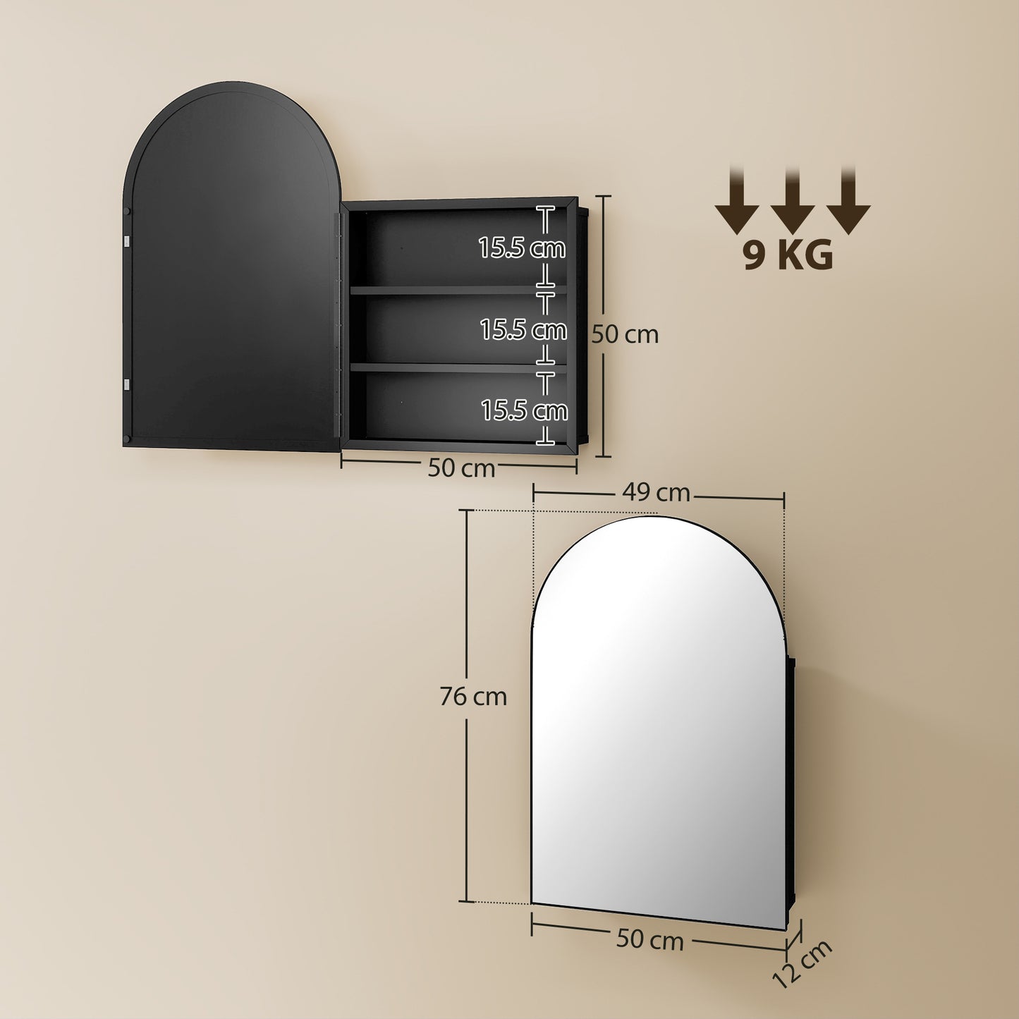 Bathroom Mirror Cabinet with Mirror, Arched Wall Mounted Bathroom Cabinet with Storage Shelves, Black