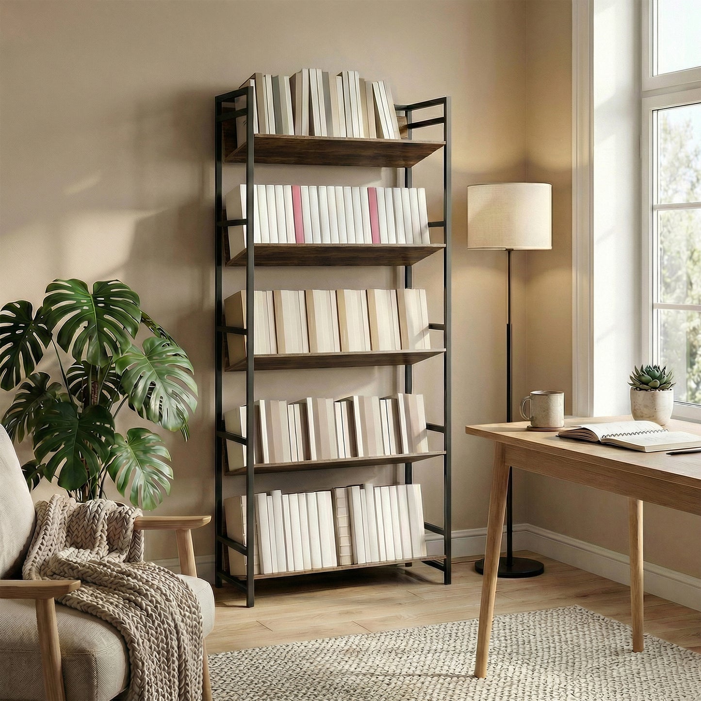 Bookshelf 5-Tier Metal Frame Room Divider Bookcase Storage Shelves for Living Room Rustic Brown