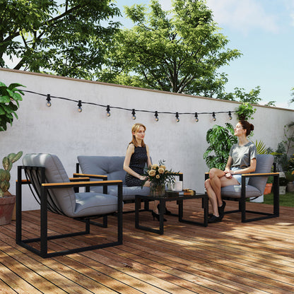 Garden Furniture Set, 4 Piece Indoor Outdoor Conservatory with Loveseat Sofa, Armchairs, Glass Top Coffee Table