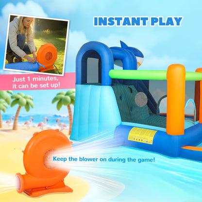 Inflatable Bouncy Castle for Kids, Sharks Theme Jumping Bounce House with Slide, Climbing Wall for Indoor Outdoor