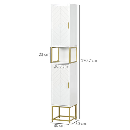 Narrow Bathroom Storage Cabinet, Freestanding Tallboy Storage Unit with Adjustable Shelf, 2 Doors and Steel Base