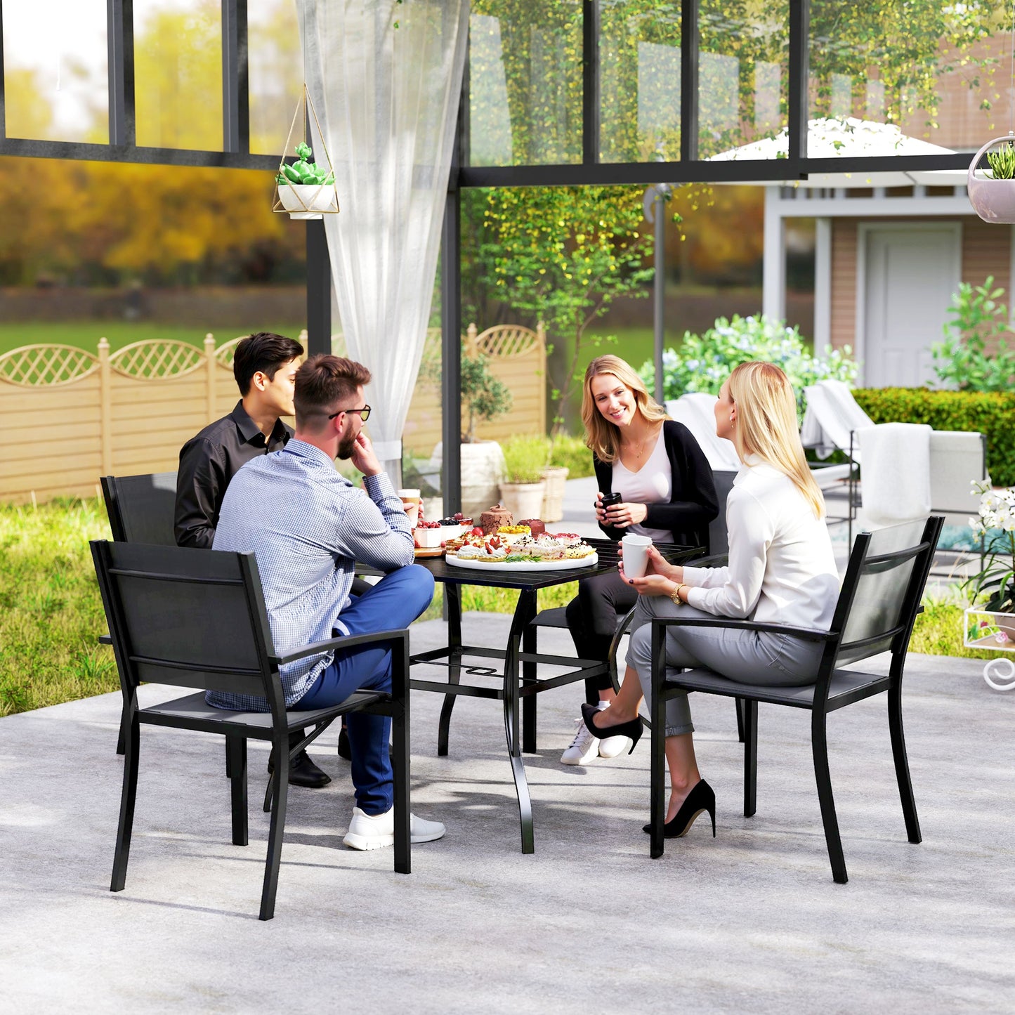 94 x 94 cm Garden Table with Parasol Hole, Outdoor Dining Garden Table for Four with Slatted Metal Plate Top, Black