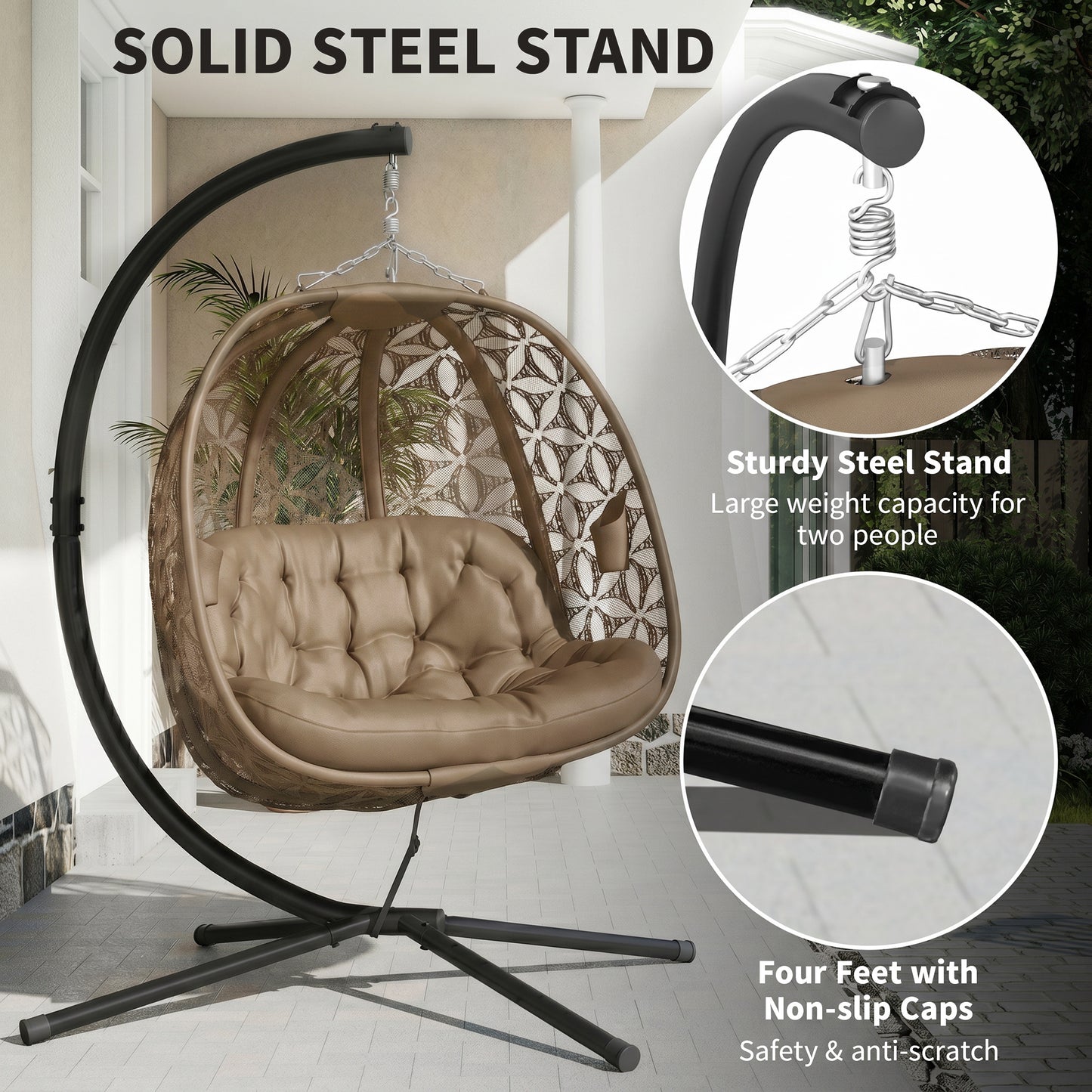 Outdoor Double Hanging Chair with Cushion and Cup Holders, Sand Brown