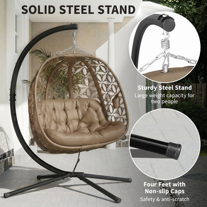 Outdoor Double Hanging Chair with Cushion and Cup Holders, Sand Brown