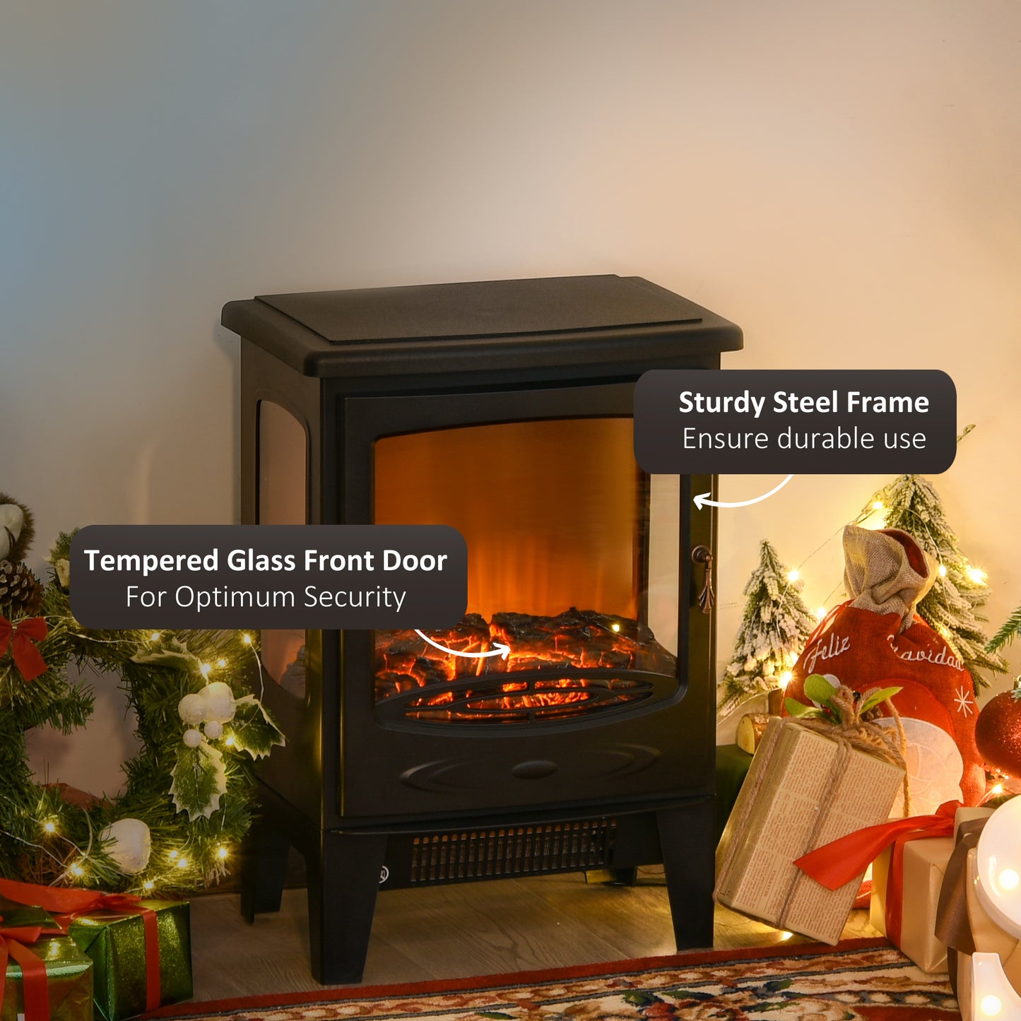 900W/1800W Freestanding Electric Fireplace Room Heater w/ Adjustable Artificial Flame 3-Sided Tempered Glass Panels Safe Home