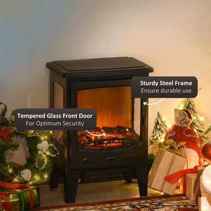 900W/1800W Freestanding Electric Fireplace Room Heater w/ Adjustable Artificial Flame 3-Sided Tempered Glass Panels Safe Home