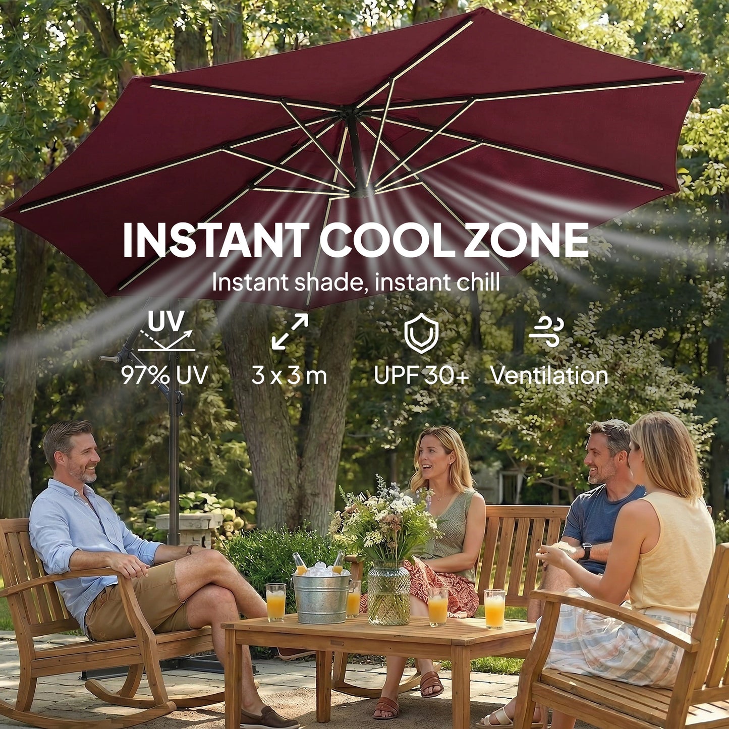 3 m Garden Cantilever Parasol with LED Solar Light, Round Overhanging Umbrella with 360° Rotation, Cover, Wine Red