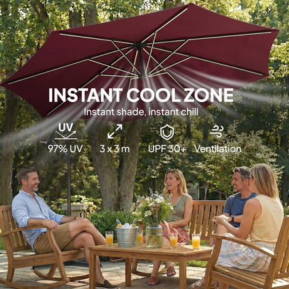 3 m Garden Cantilever Parasol with LED Solar Light, Round Overhanging Umbrella with 360° Rotation, Cover, Wine Red