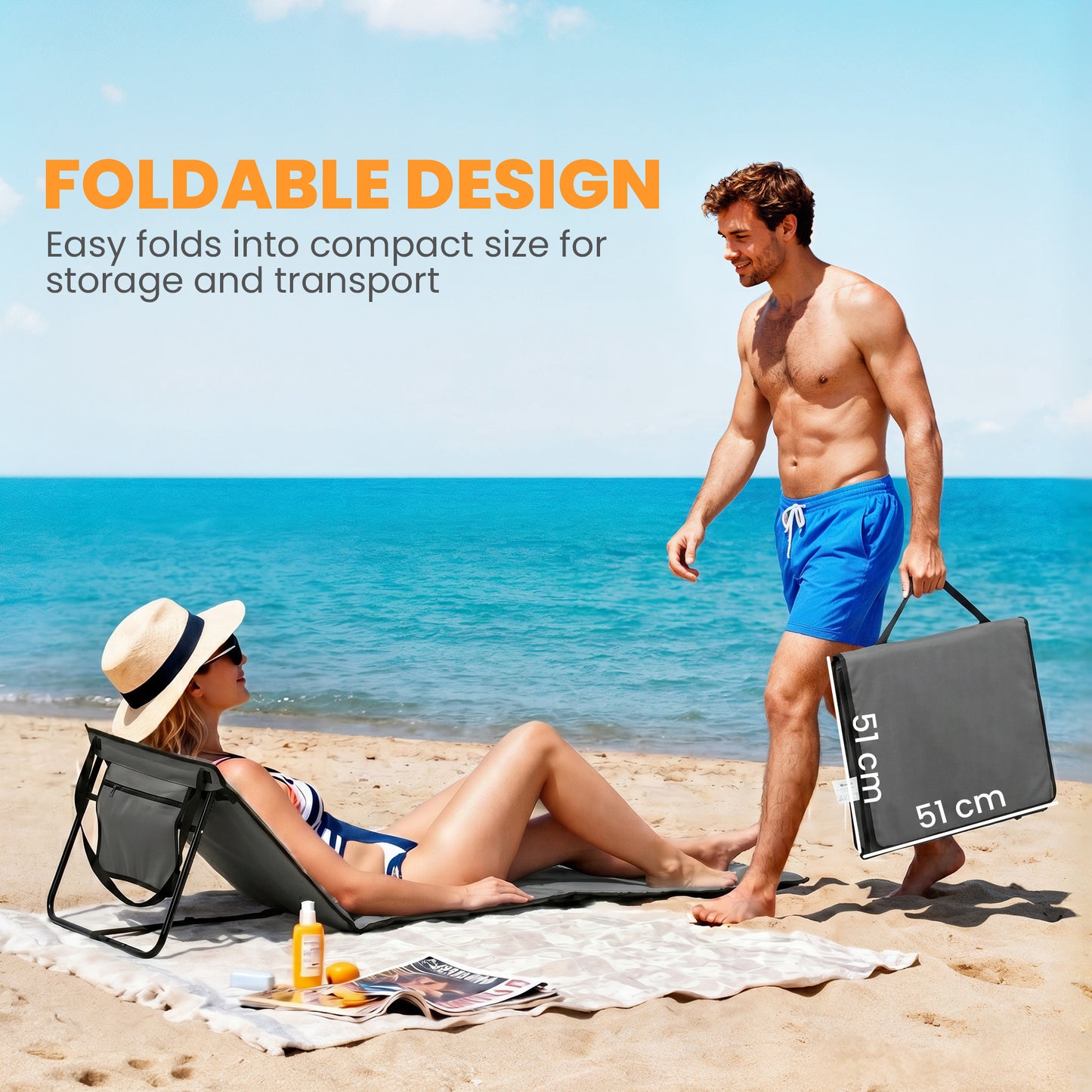 Set of 2 Foldable Garden Beach Chair Mat, Outdoor Sun Lounger Seats with Adjustable Back, Magazine Pocket, Carry Strap