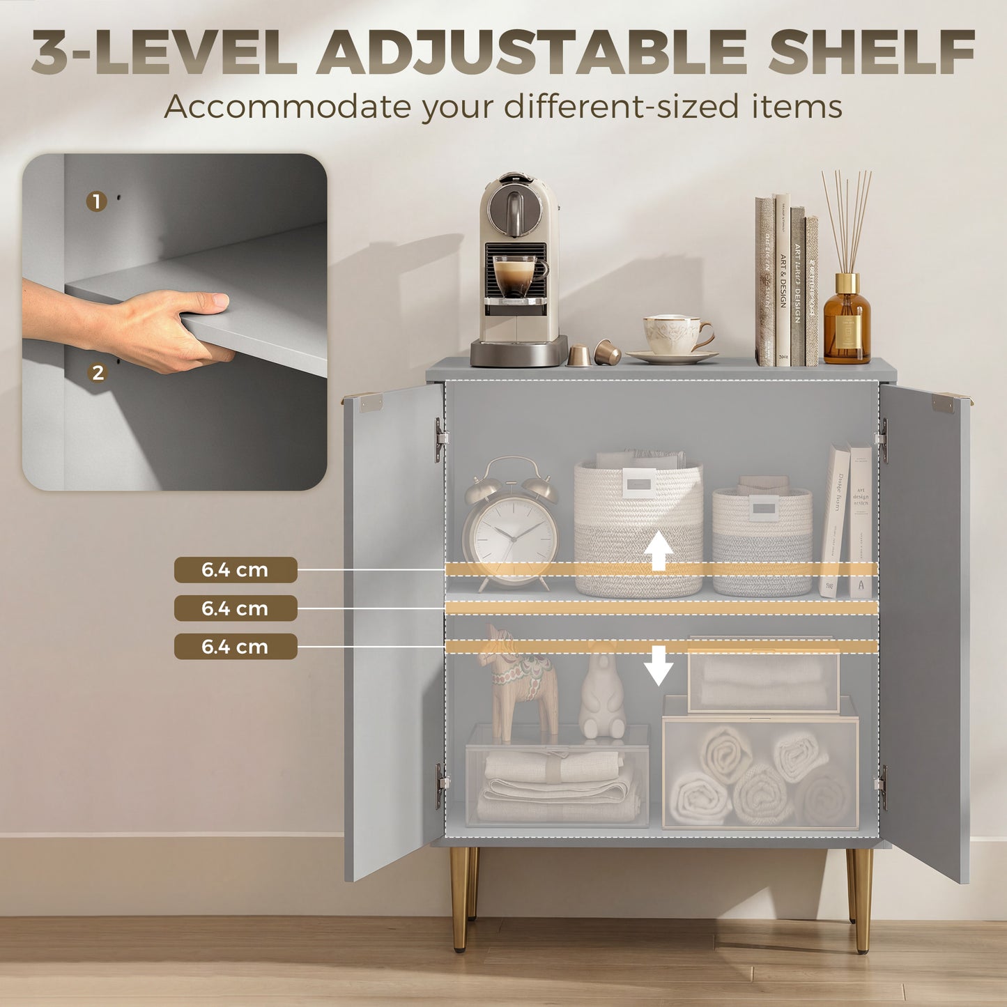 Sideboard Buffet Cabinet, Modern Kitchen Storage Cabinet with Adjustable Shelf and Metal Legs, Grey
