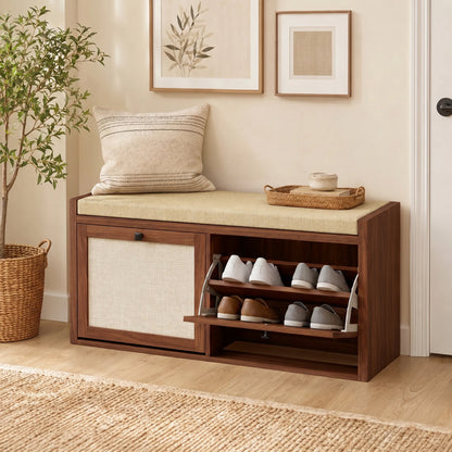 Rattan Shoe Bench with Padded Cushion and 2 Cabinets for Hidden Storage, Brown