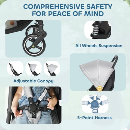 Travel Stroller, Lightweight Pushchair, Compact Buggy with Canopy, Basket and Multi-Position Recline, Light Grey