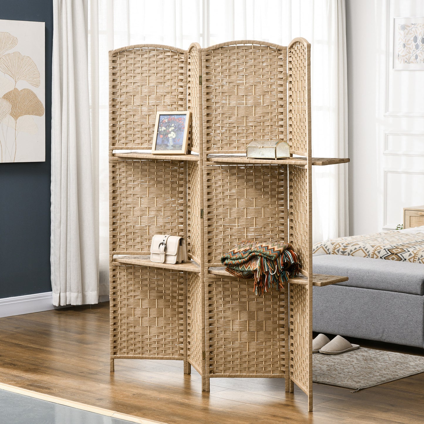 Freestanding Privacy Screen, 4 Panel Folding Room Divider for Living Room, Bedroom and Office, 160 x 170cm, Natural