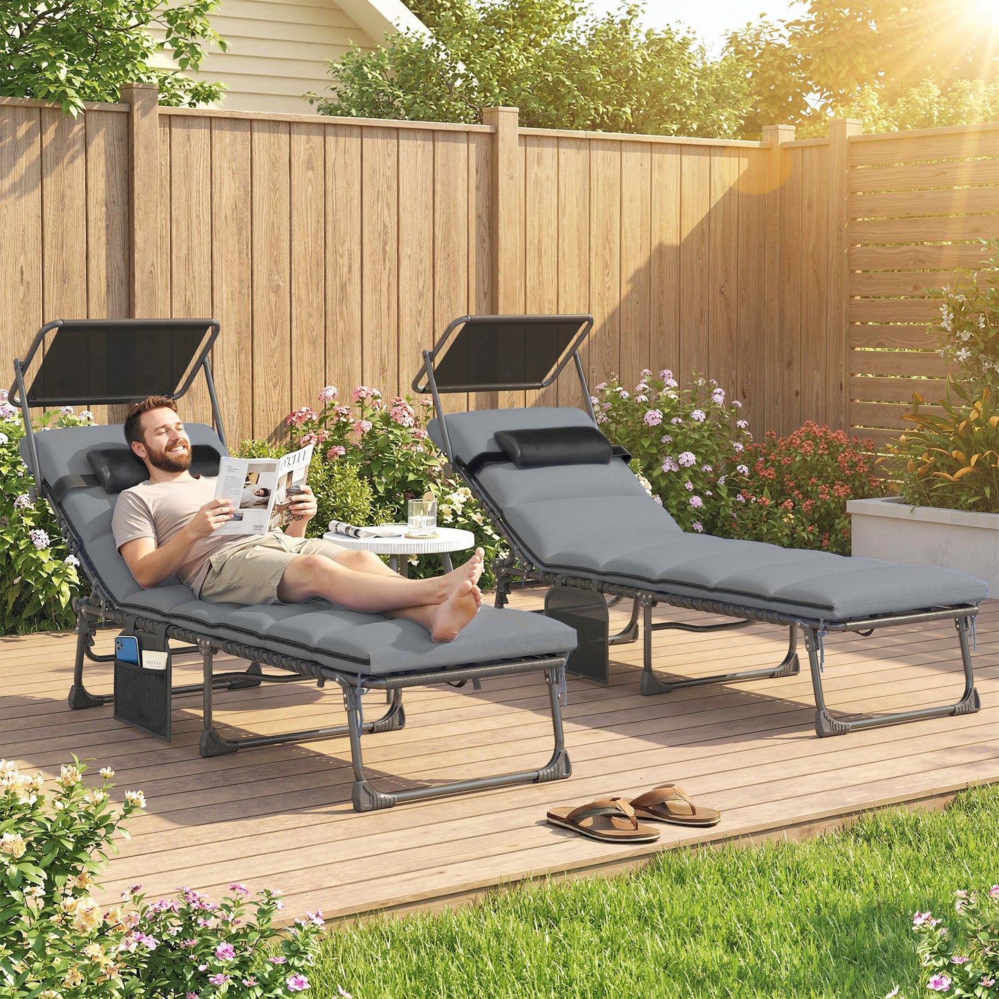 Folding Sun Loungers Set of 2 with Canopy, Reclining Sunbed with Cushion, Side Pocket, Carrying Handle, Light Grey