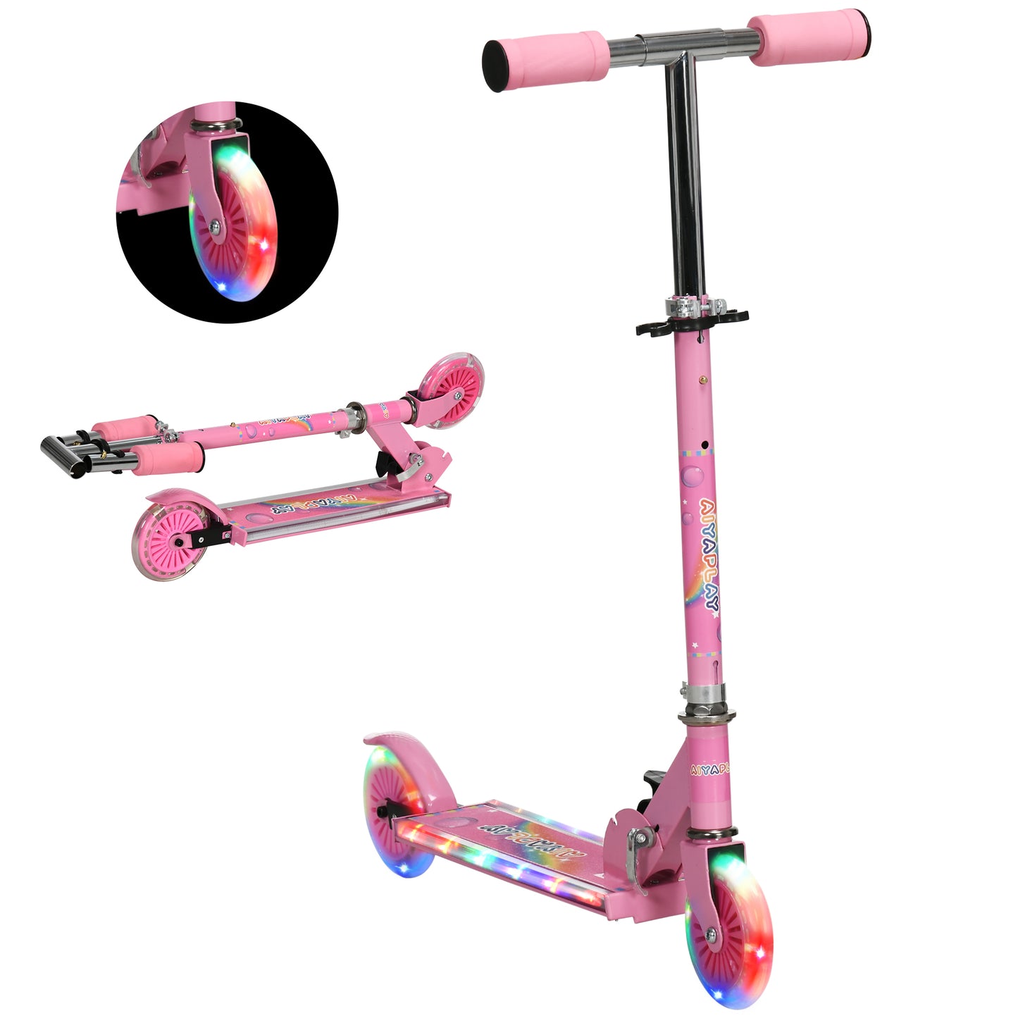 Kids Scooter, with Lights, Music, Adjustable Height, Foldable Frame, for Ages 3-7 Years - Pink