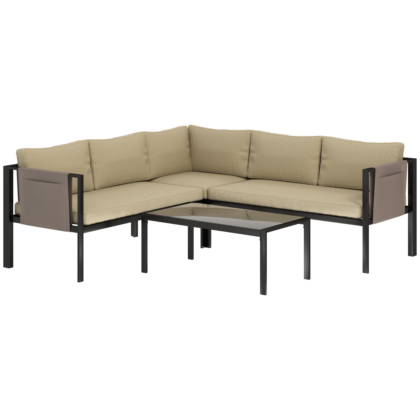5 Seater Garden Corner Sofa Set, 4 Pieces Metal Garden Furniture Set with Loveseats, Glass Top Coffee Table