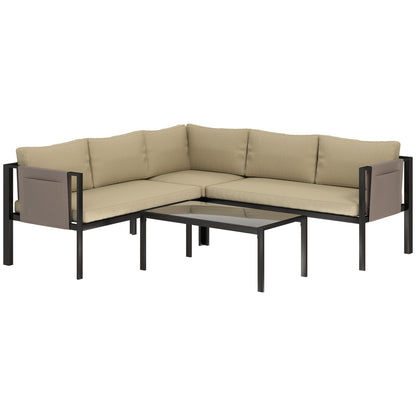 5 Seater Garden Corner Sofa Set, 4 Pieces Metal Garden Furniture Set with Loveseats, Glass Top Coffee Table