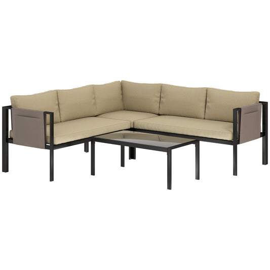 5 Seater Garden Corner Sofa Set, 4 Pieces Metal Garden Furniture Set with Loveseats, Glass Top Coffee Table