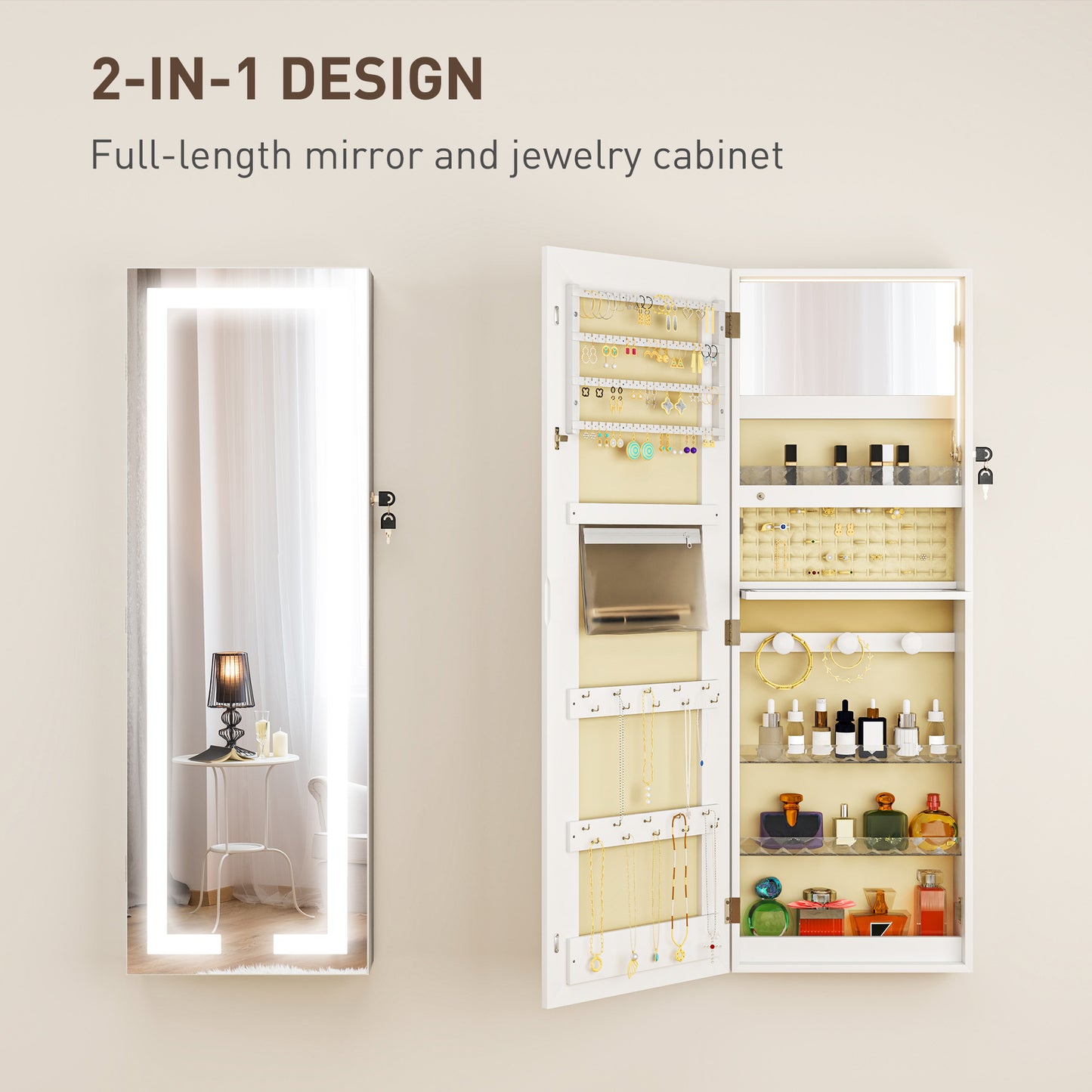 LED Mirror Jewellery Cabinet, Wall Mounted Full Length Mirror with Storage, Lockable Jewellery Organiser, White