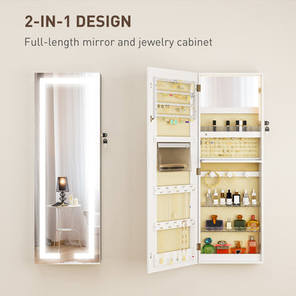 LED Mirror Jewellery Cabinet, Wall Mounted Full Length Mirror with Storage, Lockable Jewellery Organiser, White