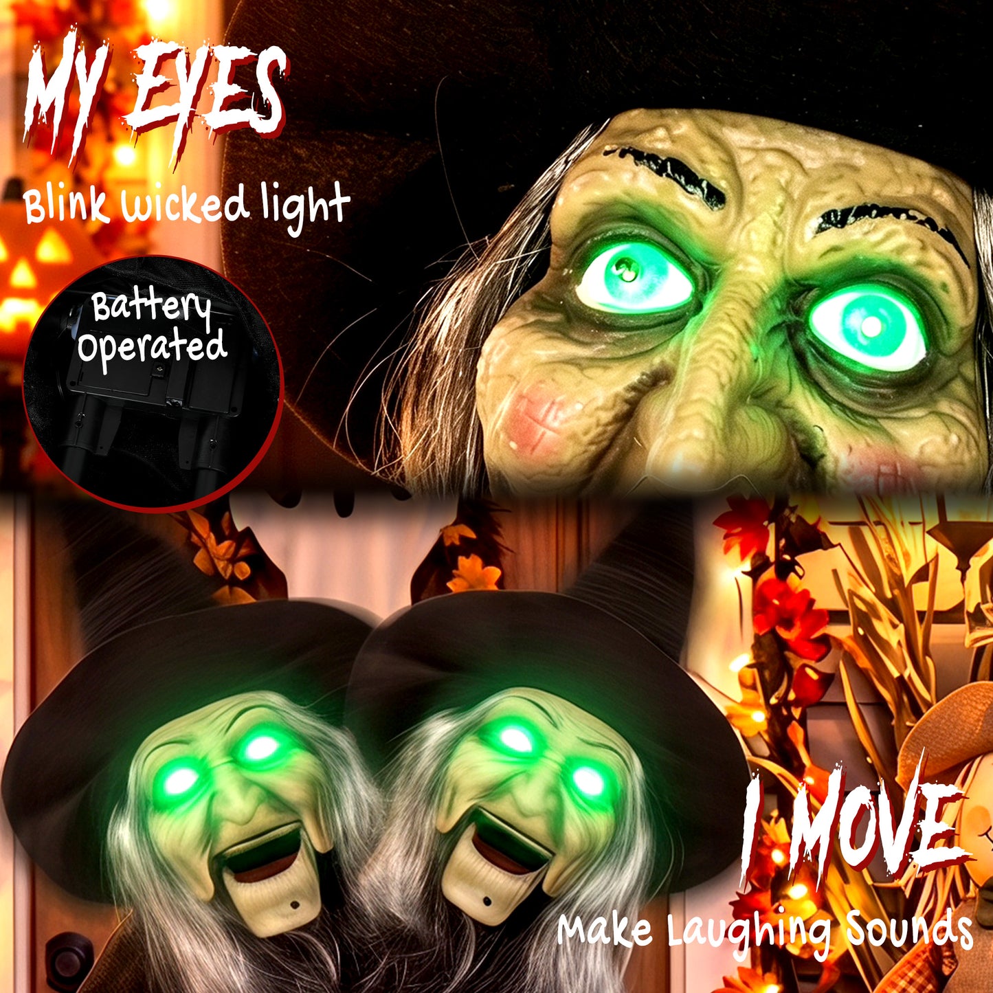 94cm Animated Witch Halloween Decoration, Scary Halloween Animatronics Decor with Sound Touch Activated & Light Up Eyes