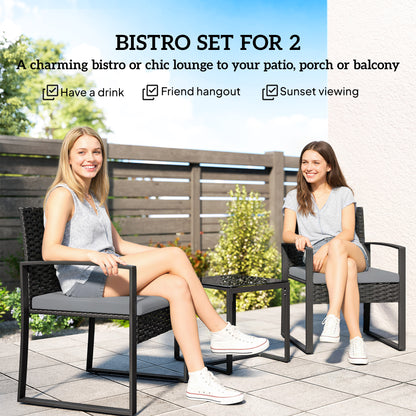 Rattan Bistro Set, 3 Piece Garden Furniture Set with Glass Top Table and Cushions, Light Grey