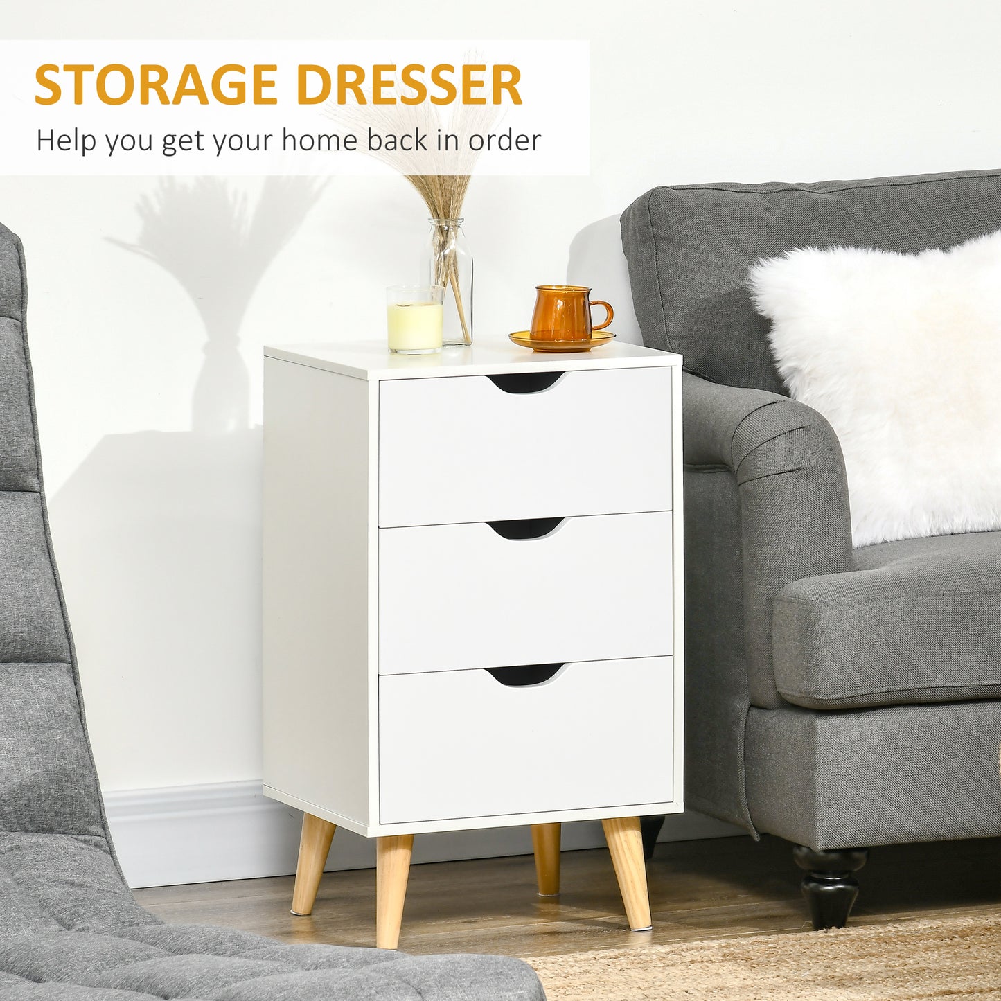 Bedside Table, Bedside Cabinet with 3 Drawers, Side End Table with Pine Wood Legs for Bedroom Living Room, White