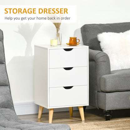 Bedside Table, Bedside Cabinet with 3 Drawers, Side End Table with Pine Wood Legs for Bedroom Living Room, White