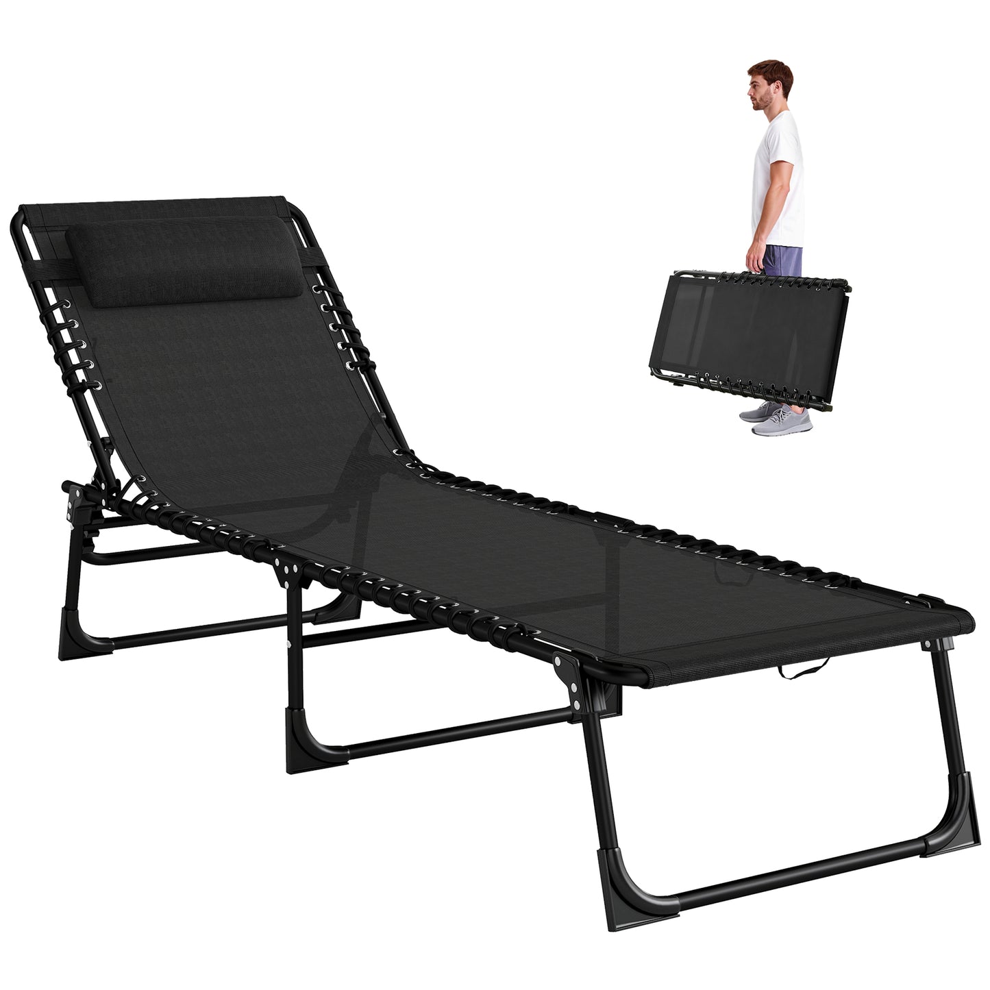 Foldable Sun Lounger, Outdoor 4 Level Adjustable Backrest Reclining Chaise Chair, Steel Frame Recliner Chair for Camping
