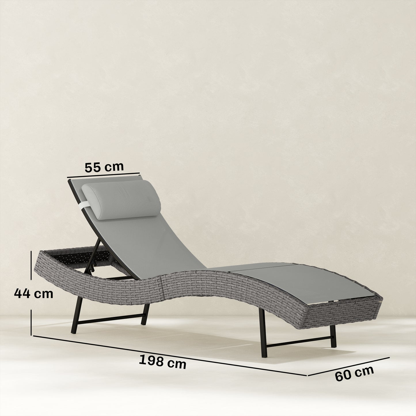 Rattan Sun Lounger, Garden Recliner with 5 Position Adjustable Back, S Shaped Texteline Seat, Headrest, Light Grey