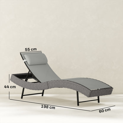 Rattan Sun Lounger, Garden Recliner with 5 Position Adjustable Back, S Shaped Texteline Seat, Headrest, Light Grey