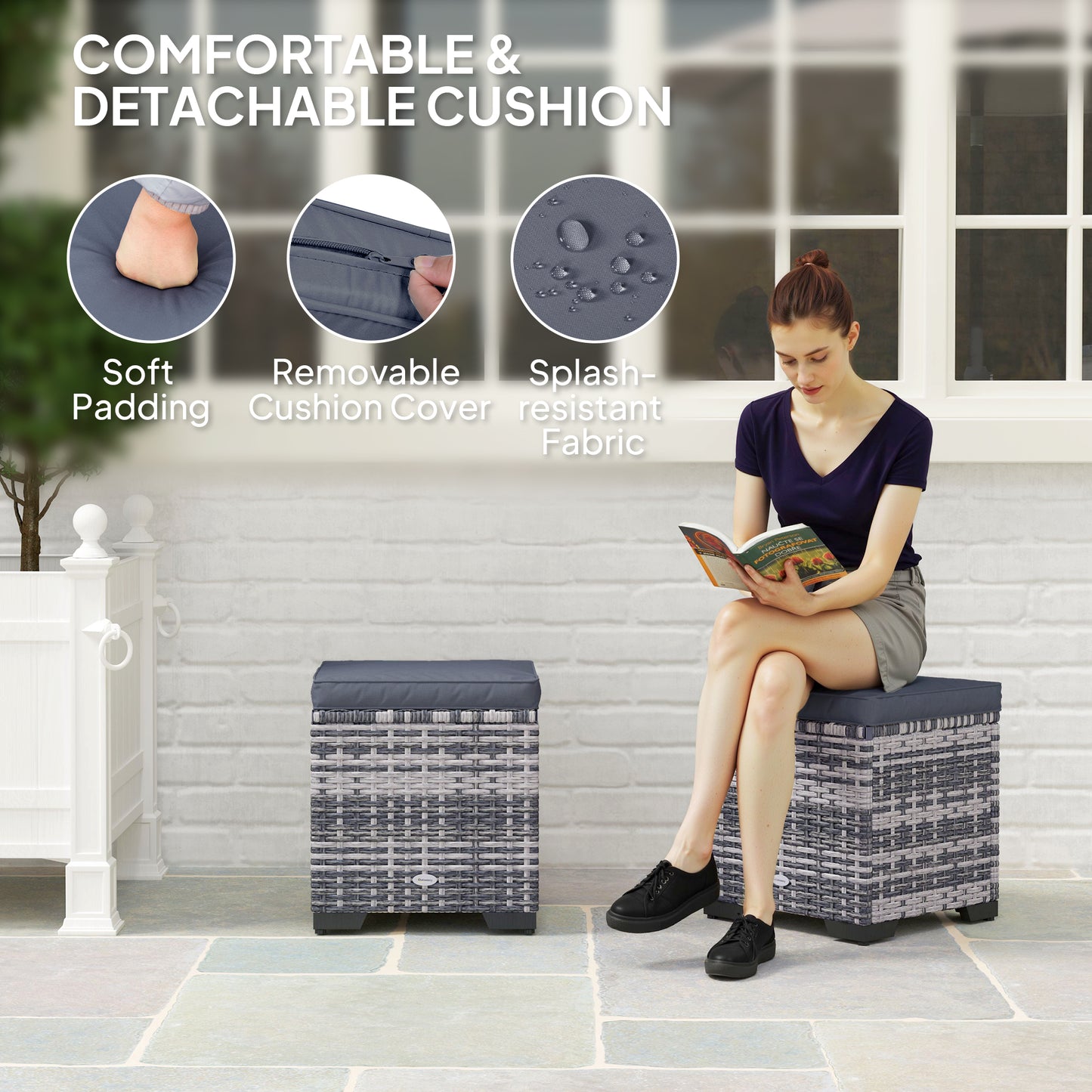 Set of 2 Rattan Storage Ottoman, Outdoor Footstool with Removable Cushions, Garden Storage Seat for Balcony, Porch