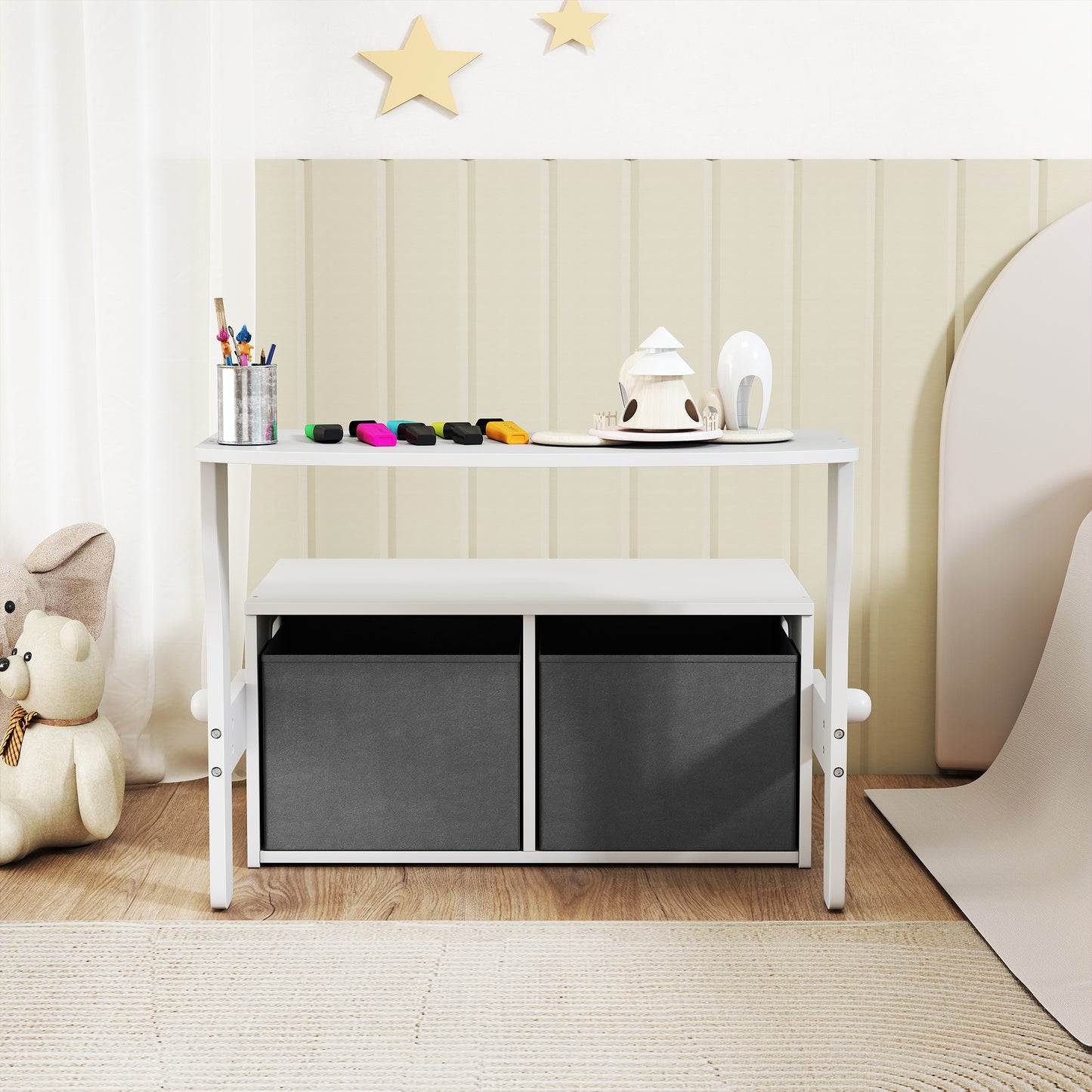 3 in 1 Kids Storage Bench, Convertible Children Table and Chair Set with 2 Fabric Bins, Toy Storage Box, White