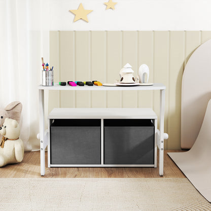 3 in 1 Kids Storage Bench, Convertible Children Table and Chair Set with 2 Fabric Bins, Toy Storage Box, White