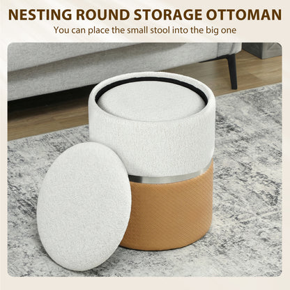 Nesting Round Ottoman with Storage Set of 2 - Cream/Brown