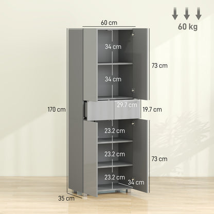 Storage Cabinet, Kitchen Cupboard with 3 Adjustable Shelves, 60L x 35W x 170H cm, High Gloss Grey