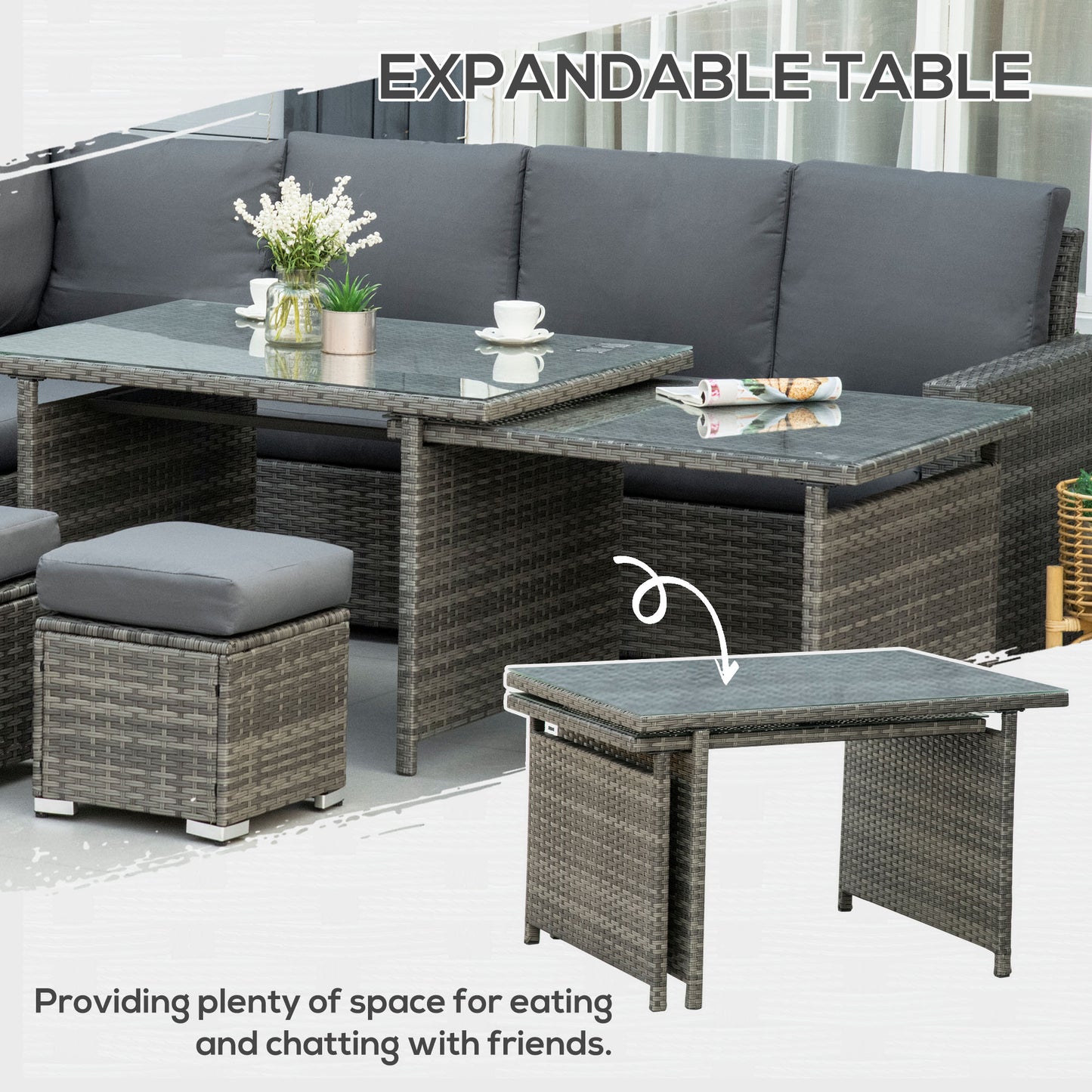 Seven-Piece Rattan Garden Sofa Set, with Expanding Table - Grey