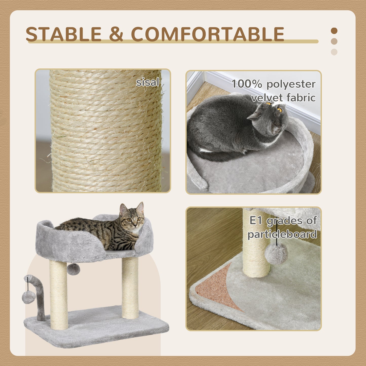 42cm Indoor Cat Tree, with Toy Balls, Sisal Scratching Post - Light Grey