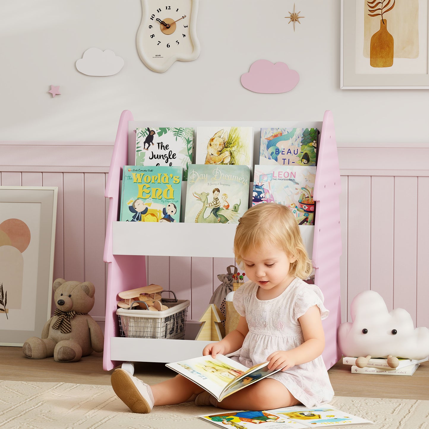 Kids Bookshelf with Toy Storage, Double-Sided Bookcase with Wheels, 3 Tier Kids Book Rack for Bedroom, Pink