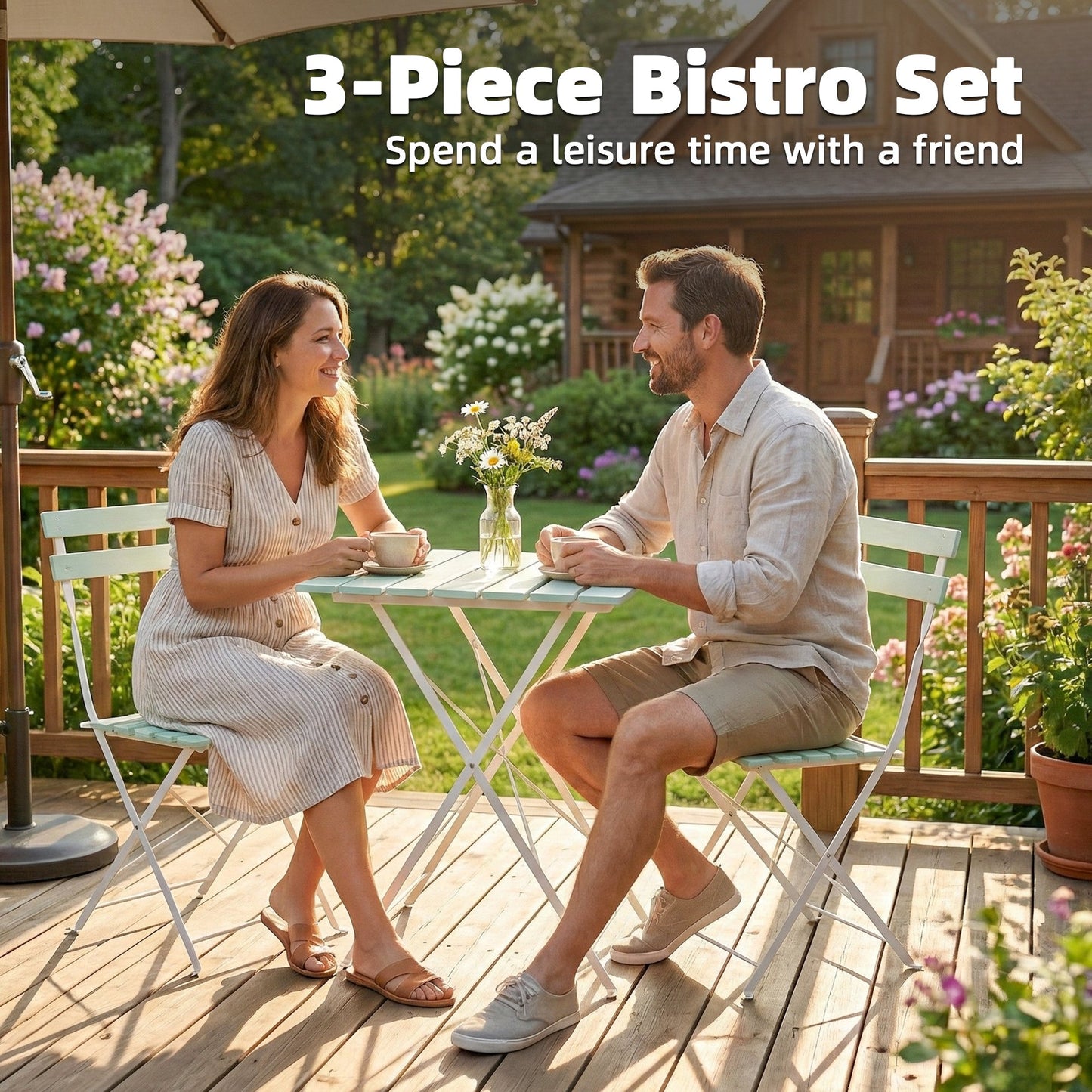 Outdoor Bistro Set Folding Patio Furniture Set with 2 Chairs Table for 2 People White and Green