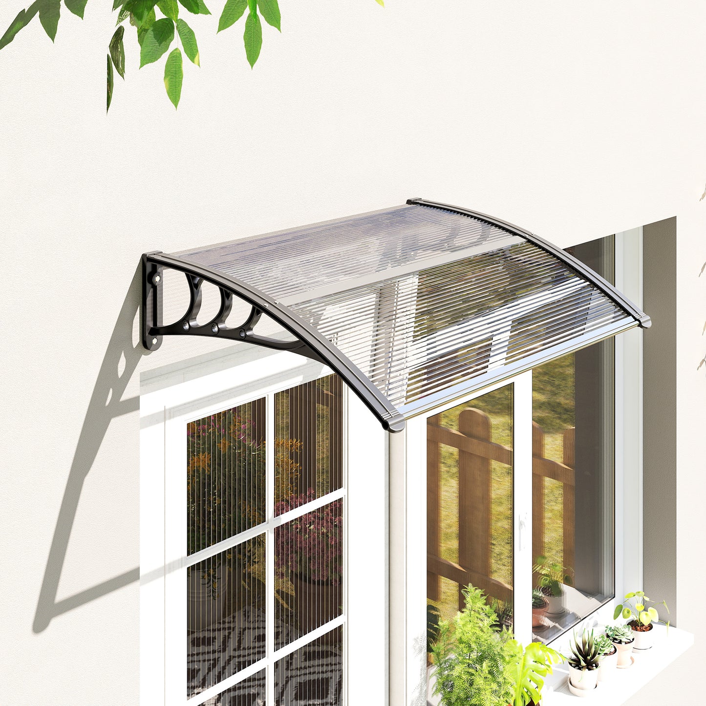 Front Door Canopy Outdoor Awning Aluminium Rigid Plastic Polycarbonate Rain Shelter UV Water Rain Resistant 120 x 75cm White