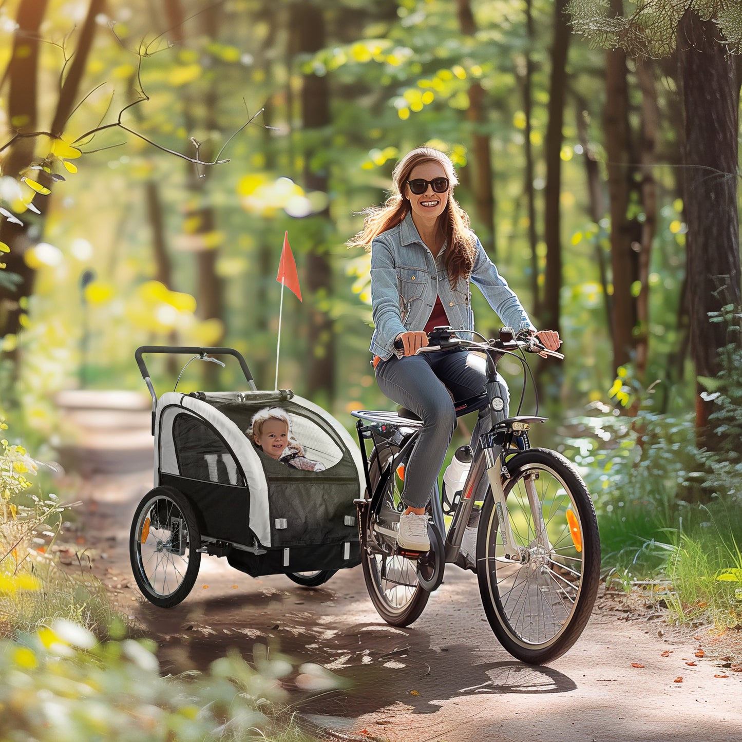 2 Seat Bike Trailer with 5 Point Harness, Baby Bike Stroller with Safety Flag, Reflectors, for 18+ Months, Black
