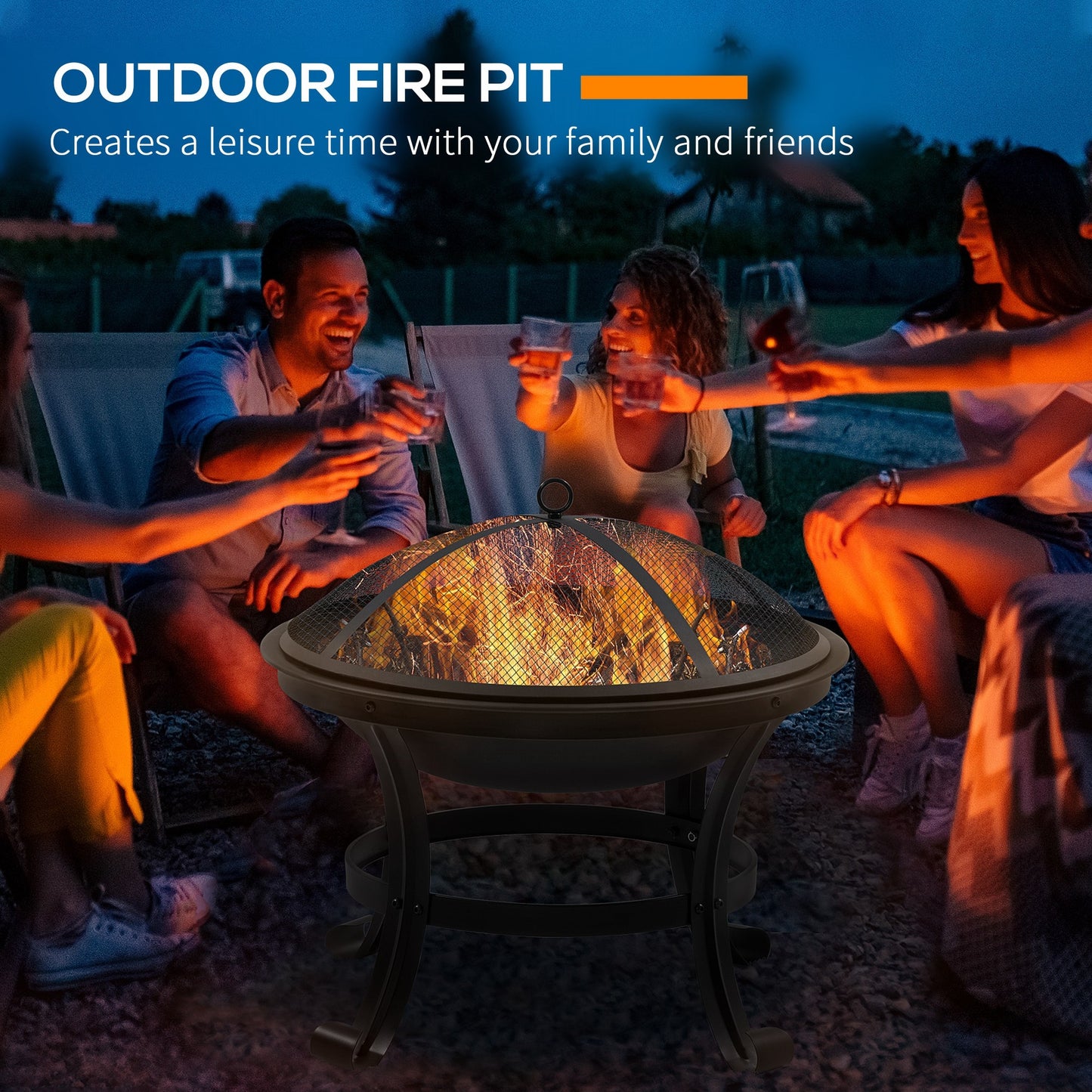Outdoor Fire Pit, Firepit with Mesh Lid, Poker, for Camping, Bonfire, Picnic, Black