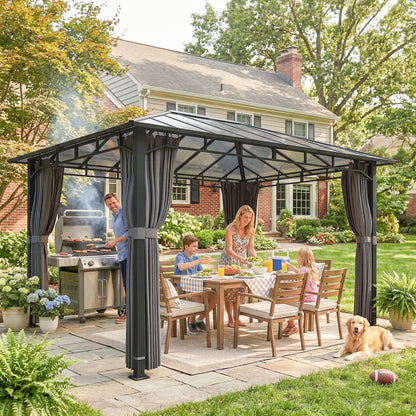 3 x 4 m Outdoor Hardtop Gazebo Canopy with PC Roof, Aluminium Permanent Pavilion Garden Gazebo with Curtains, Dark Grey