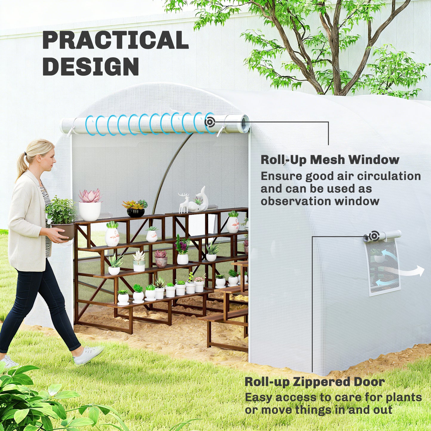 Poly Tunnel for Garden, Walk-in Polytunnel with Door and Roll Up Windows, 6 x 3 x 2 m, White
